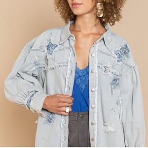 POL Star patchwork distressed Denim shacket with Star Patches blue button down
